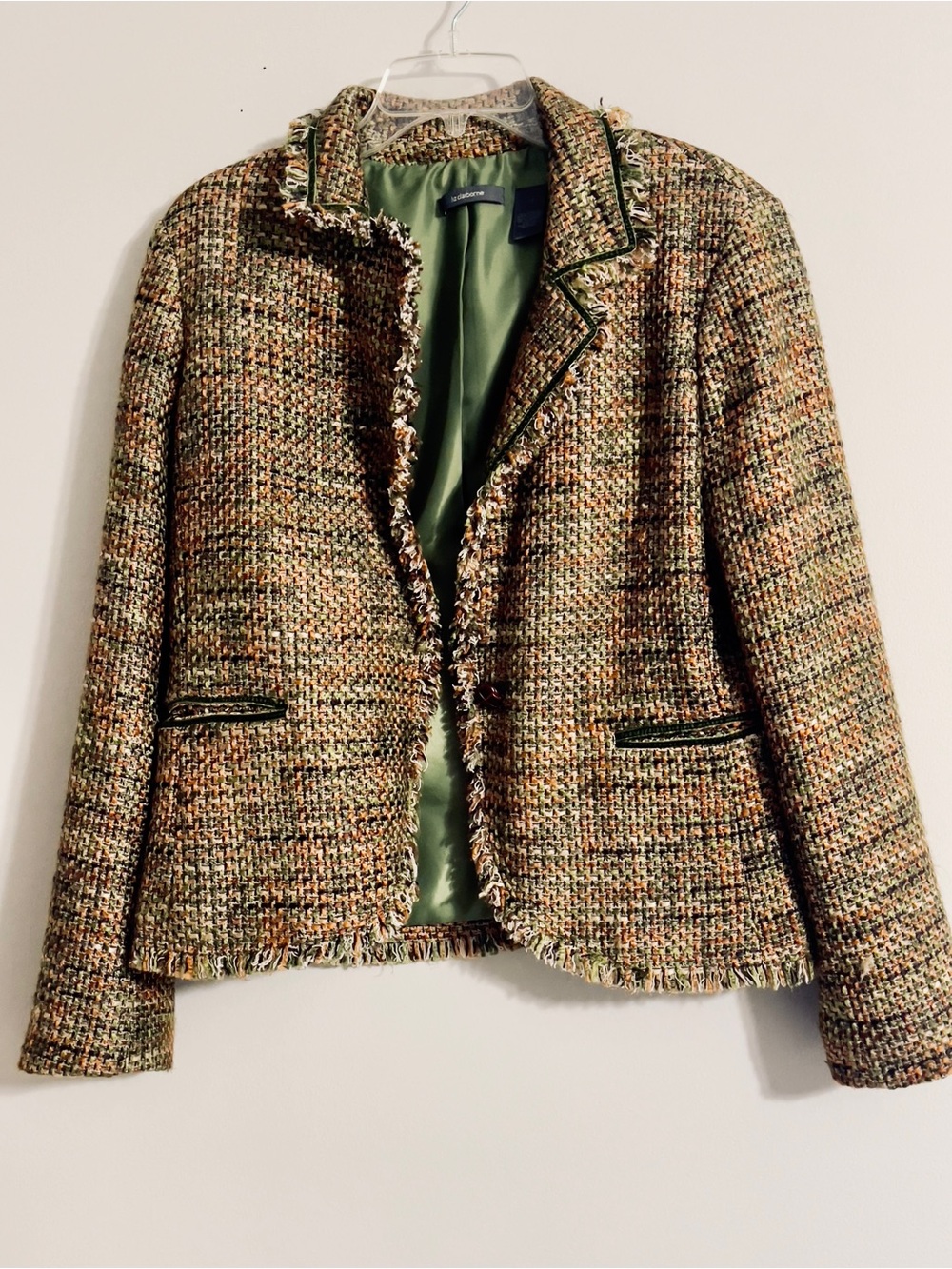 Liz Claiborne Tweed Boucle Blazer Sz 14 Fringe Trim One Button Career Jacket
